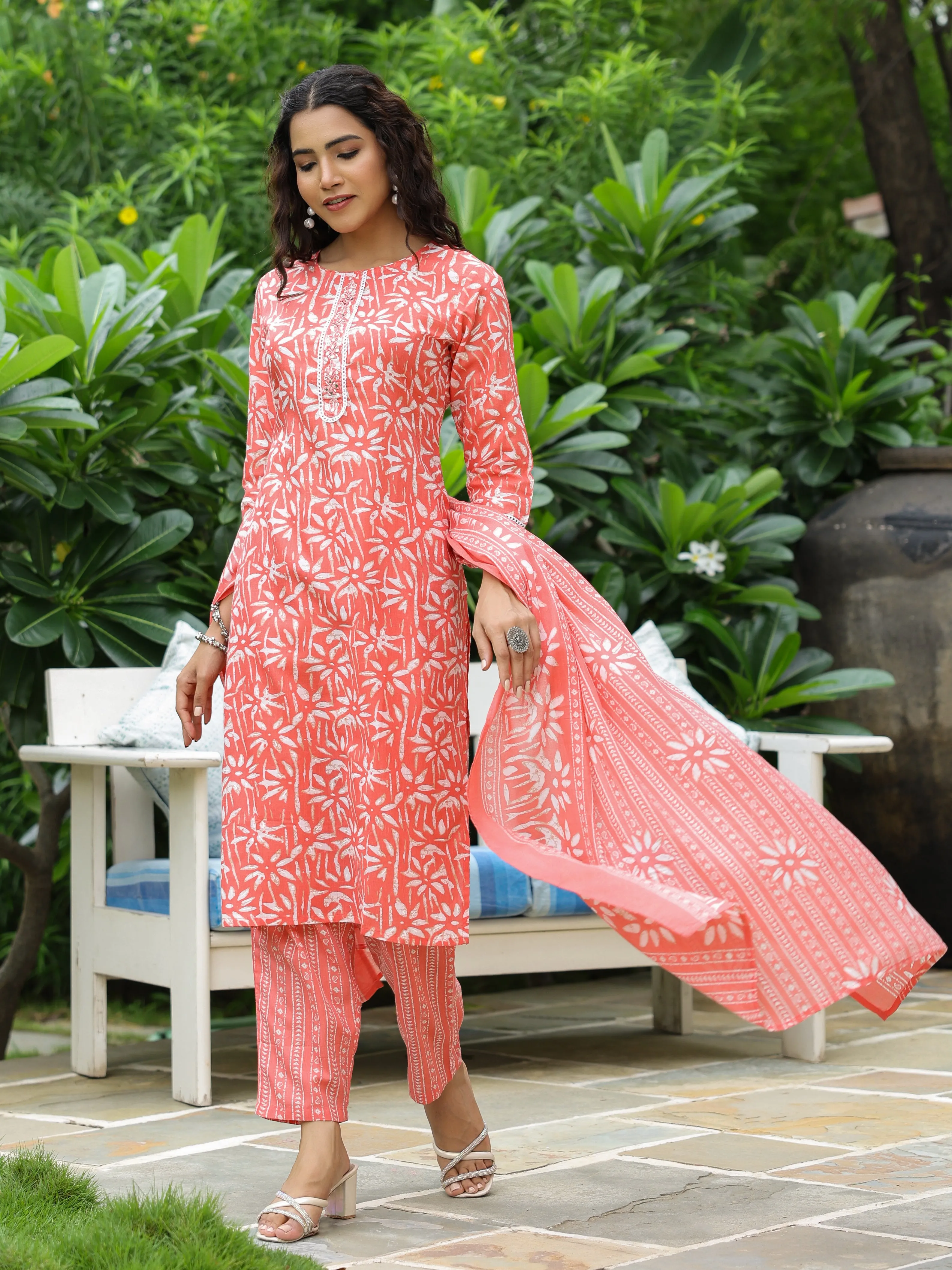 Abstract Printed Mirror & Resham Embroidered Kurta with Pants & Dupatta - Peach-Orange