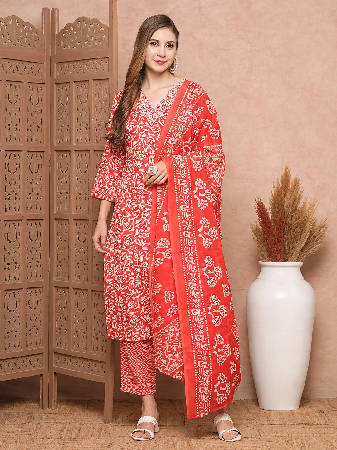 Abstract Printed Mirror & Sequins Embroidered Kurta with Pants & Dupatta - Red