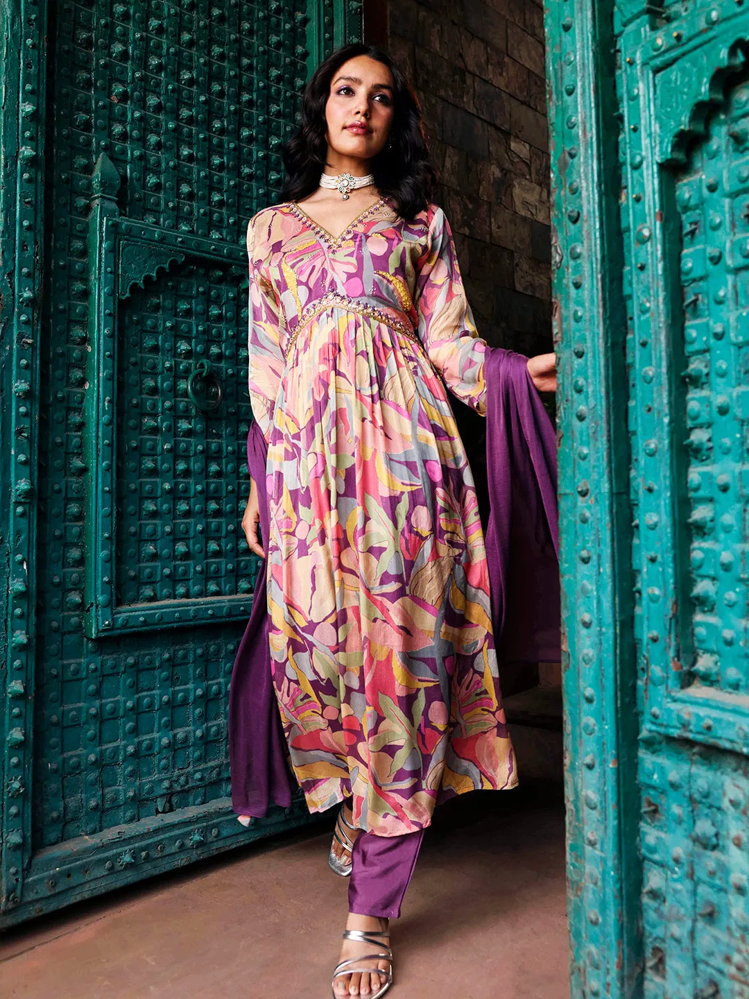 Abstract Printed Mirror, Cutdana & Sequins Embroidered High Slit Kurta With Pants & Dupatta - Multi