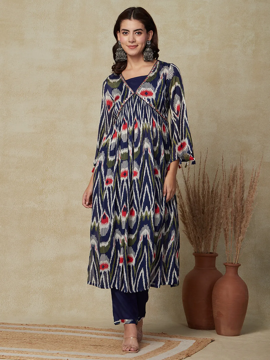 Abstract Printed Mirror Embroidered High Slit Kurta with Inner & Pants - Blue