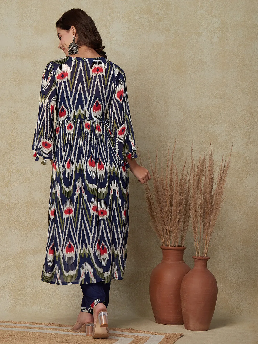 Abstract Printed Mirror Embroidered High Slit Kurta with Inner & Pants - Blue