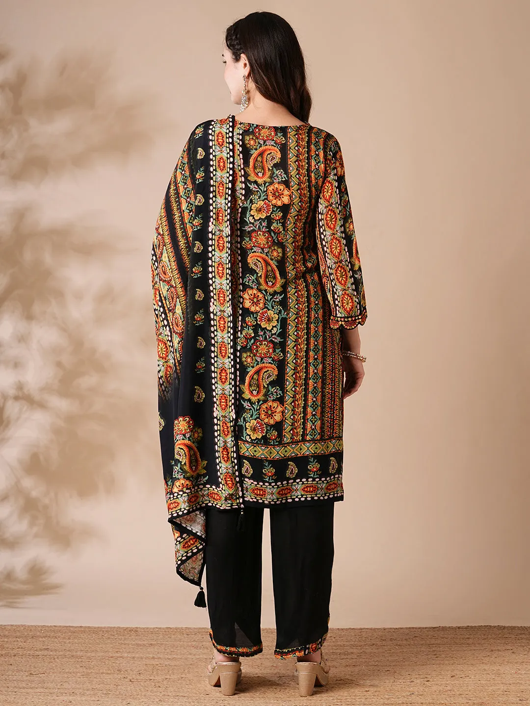 Abstract Printed Mirror Embroidered Kurta with Tulip Pants & Dupatta - Multi