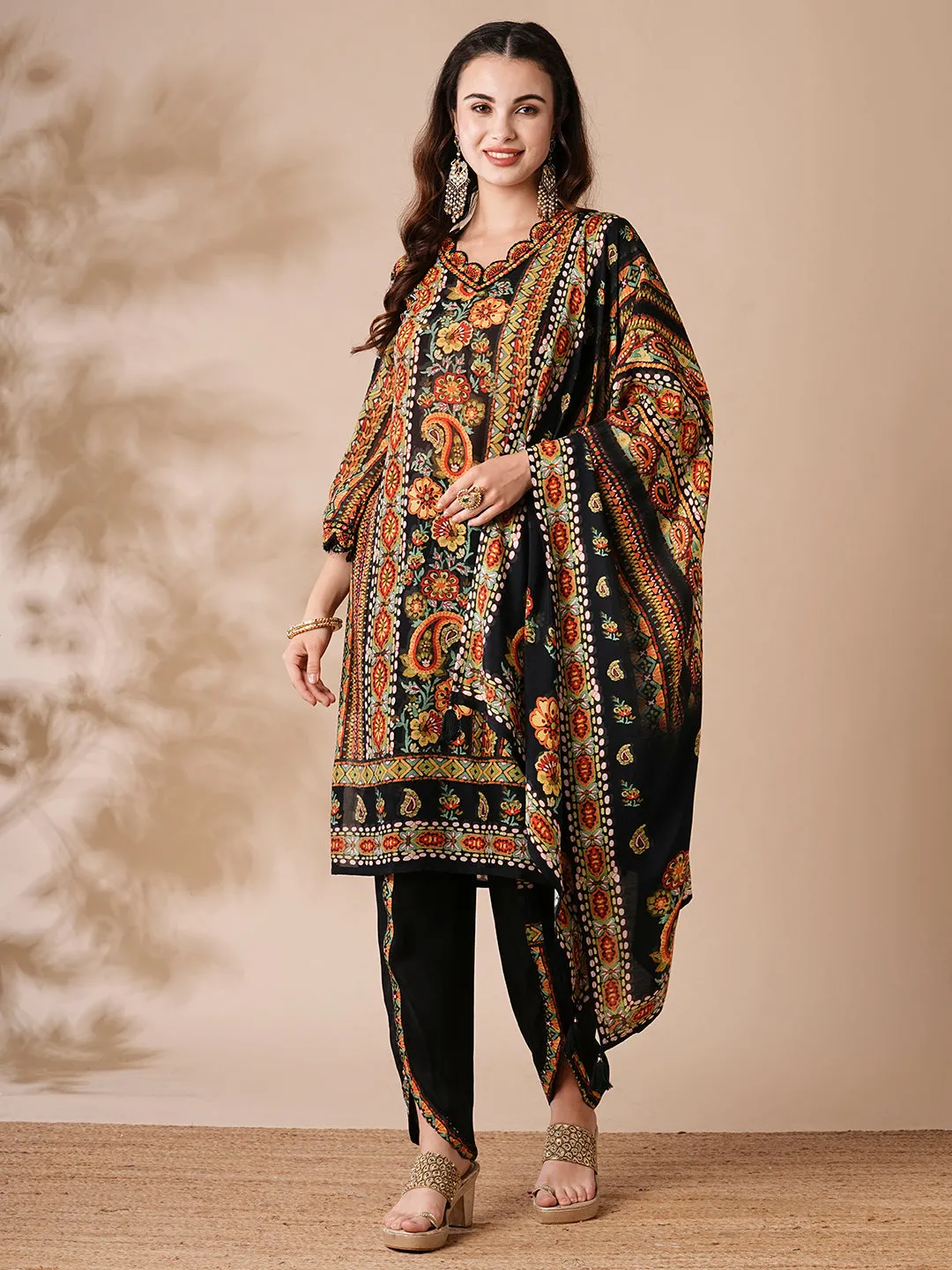 Abstract Printed Mirror Embroidered Kurta with Tulip Pants & Dupatta - Multi