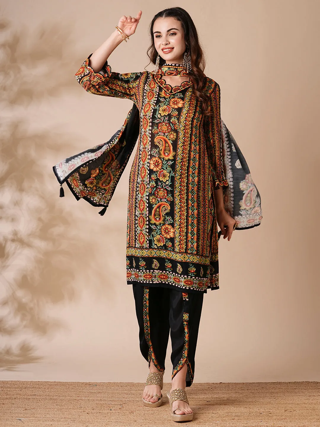 Abstract Printed Mirror Embroidered Kurta with Tulip Pants & Dupatta - Multi