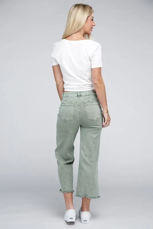 Acid Washed High Waist Frayed Hem Straight Pants