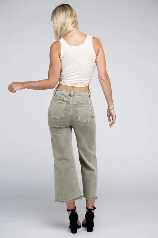 Acid Washed High Waist Frayed Hem Straight Pants