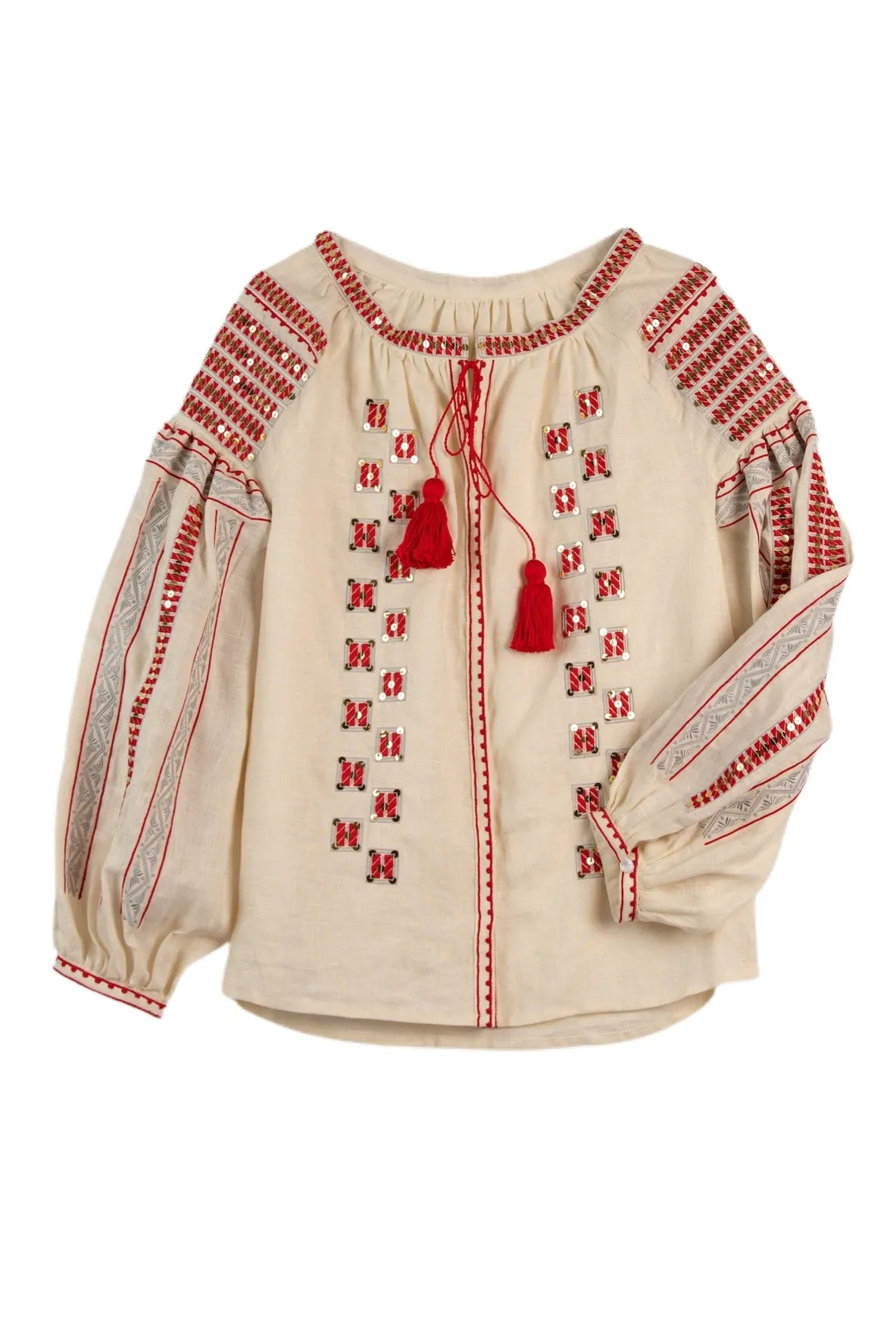 Anishka Embroidered Ukrainian Top - Ivory, Red, Silver