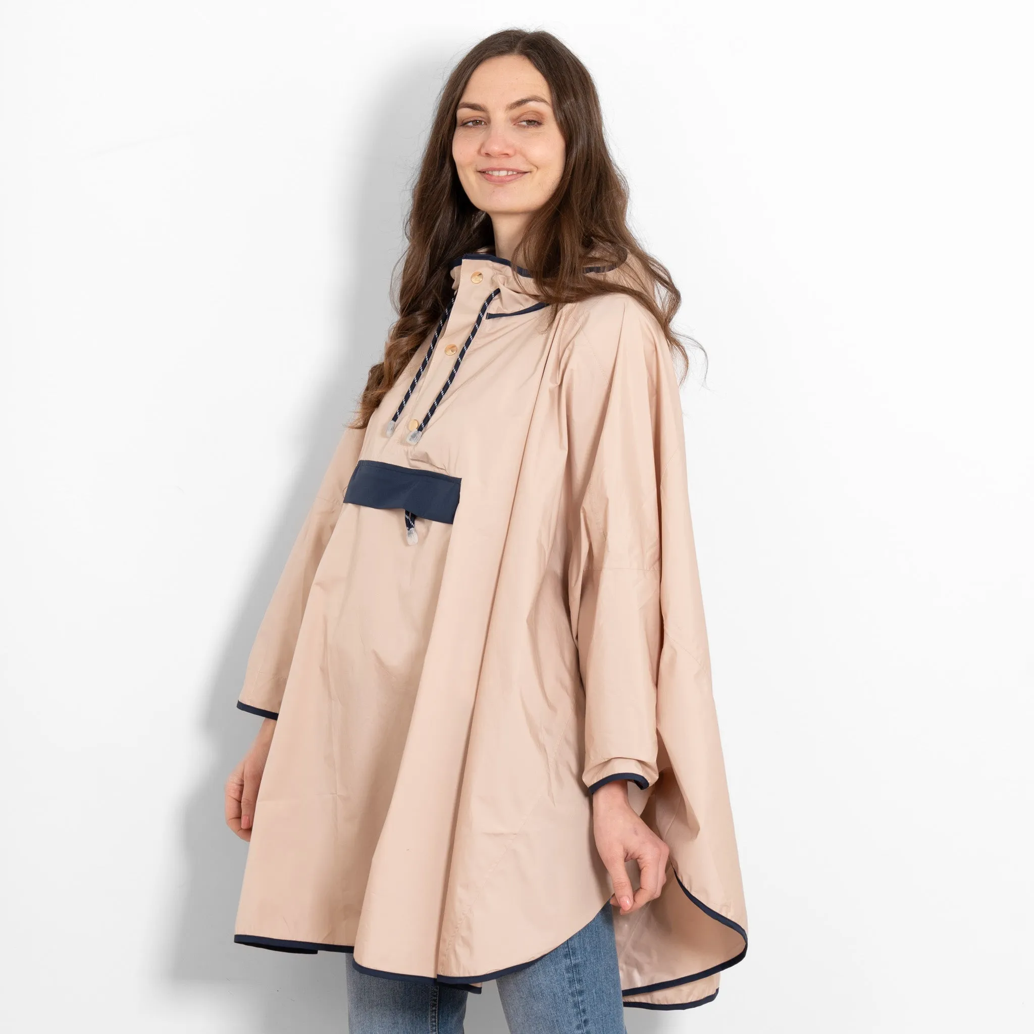 Aspen Rain Poncho - Stone/Navy Blue