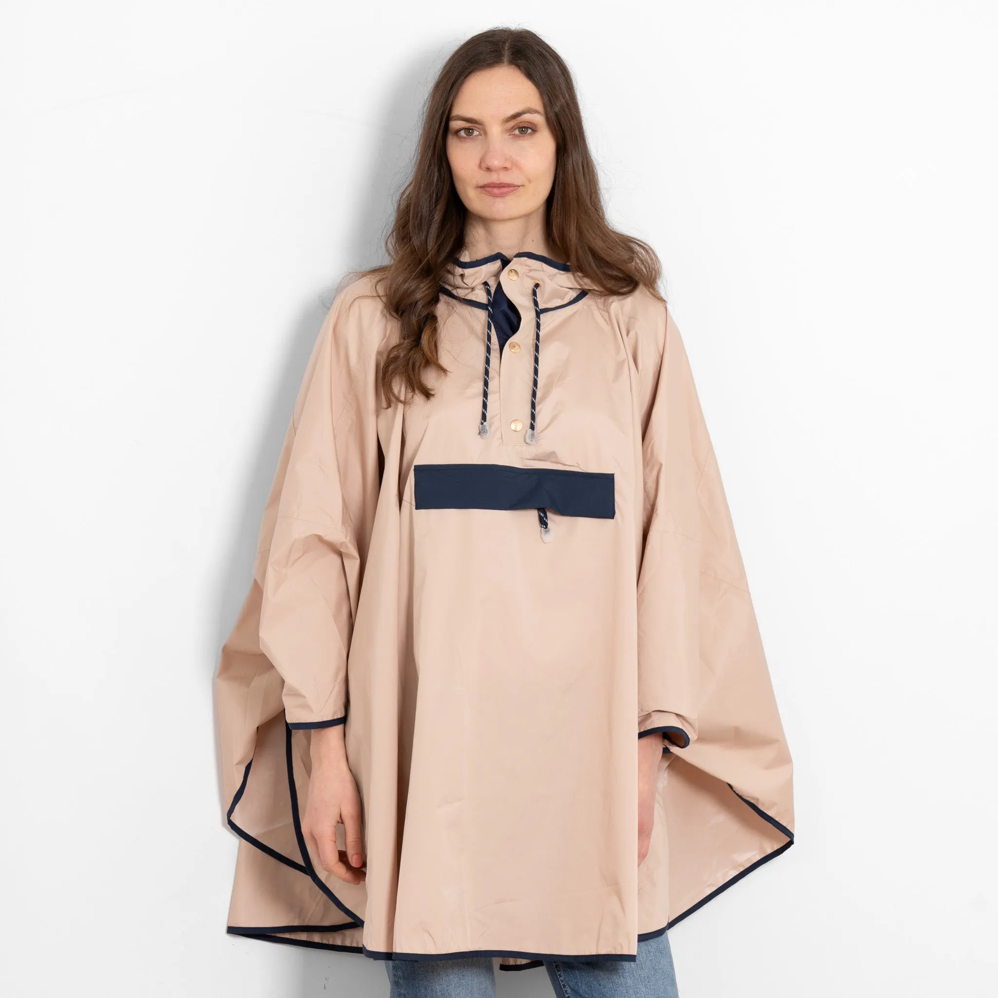 Aspen Rain Poncho - Stone/Navy Blue