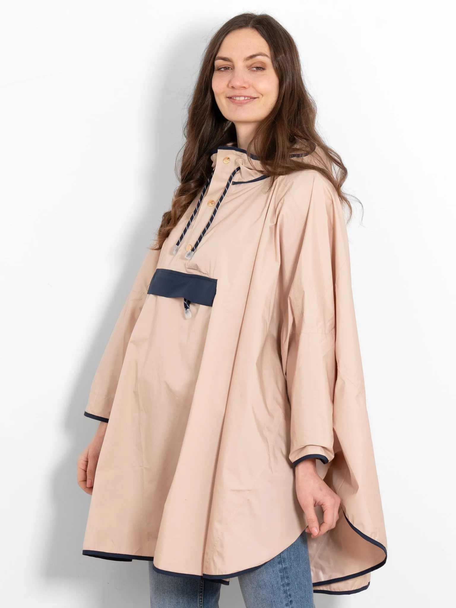 Aspen Rain Poncho - Stone/Navy Blue