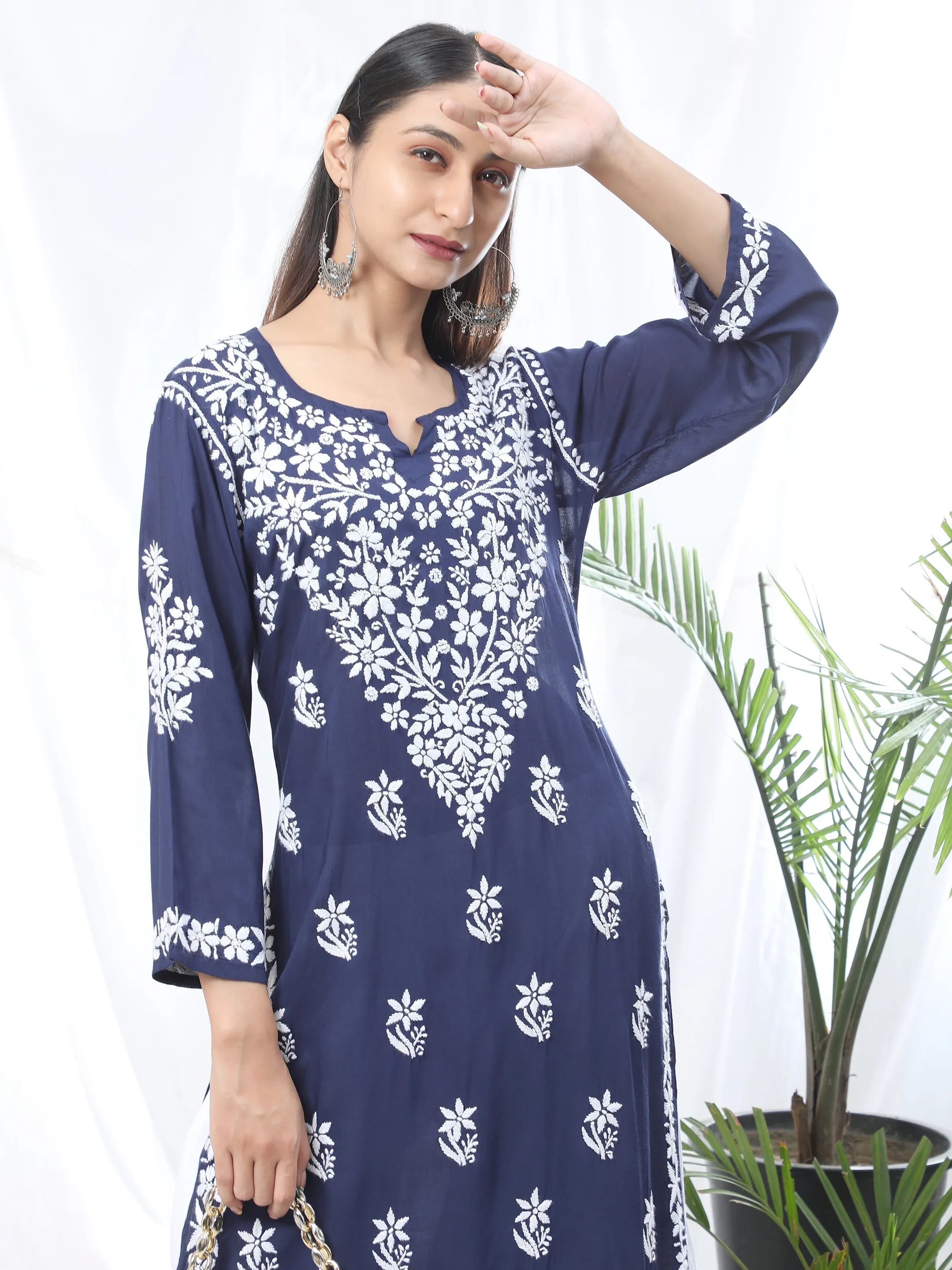 Bhavdeep Kaur in HOK Chikankari Stylish Kurti Navy Blue