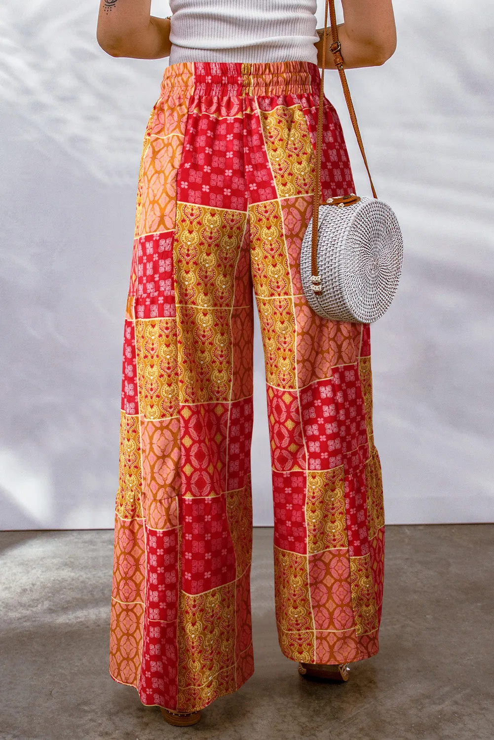 Bohemian Patchwork Drawstring Wide Leg Resort Pants