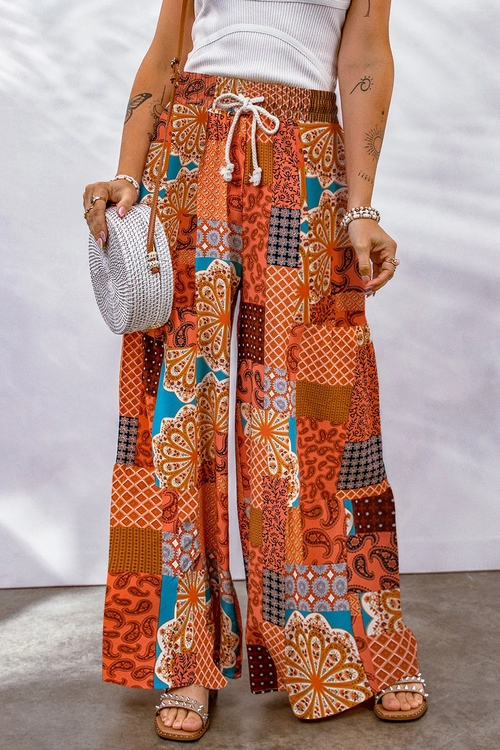 Bohemian Patchwork Drawstring Wide Leg Resort Pants