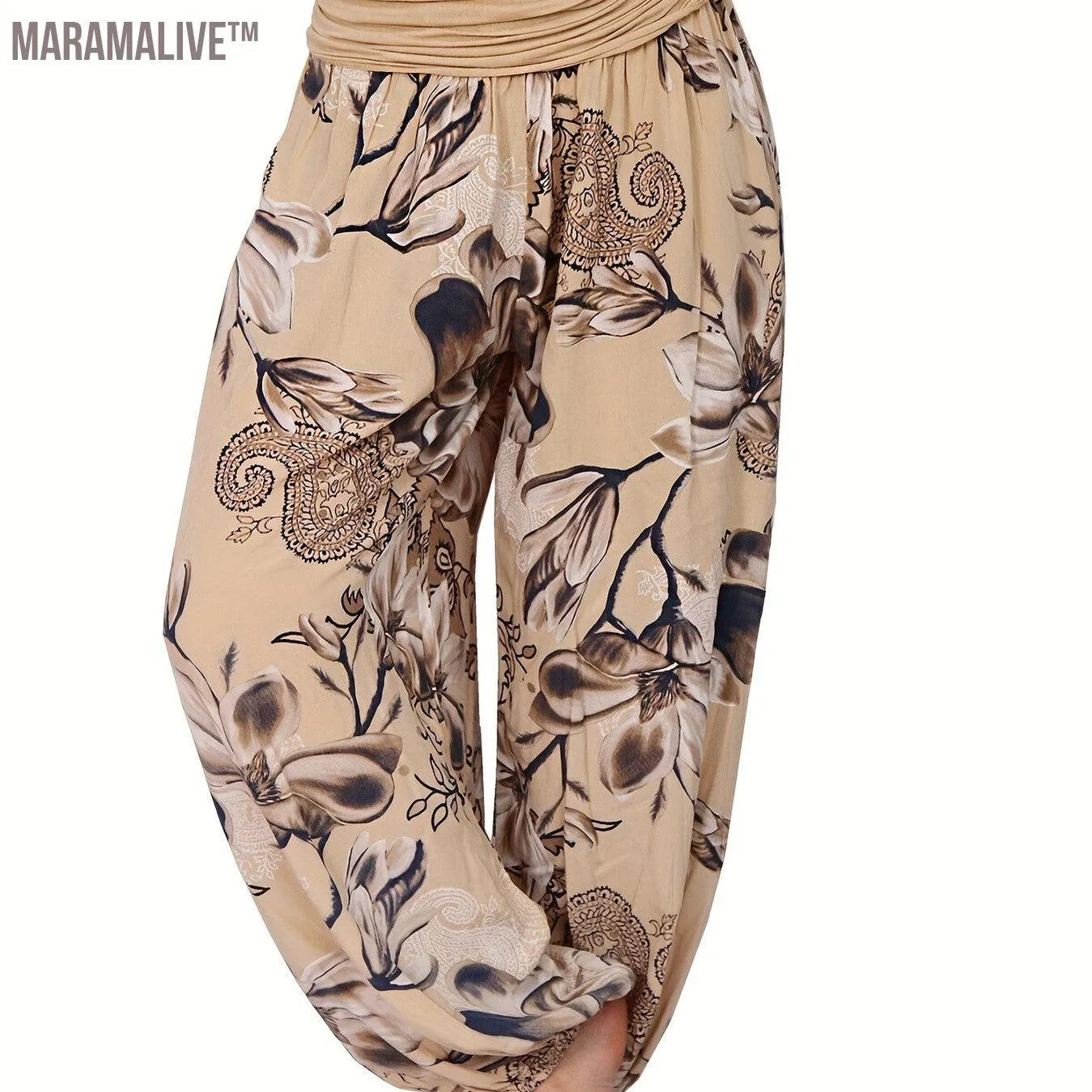 Boho Floral Print Ruched Harem Pants, Casual Bohemian Pants For Spring & Summer, Women's Clothing