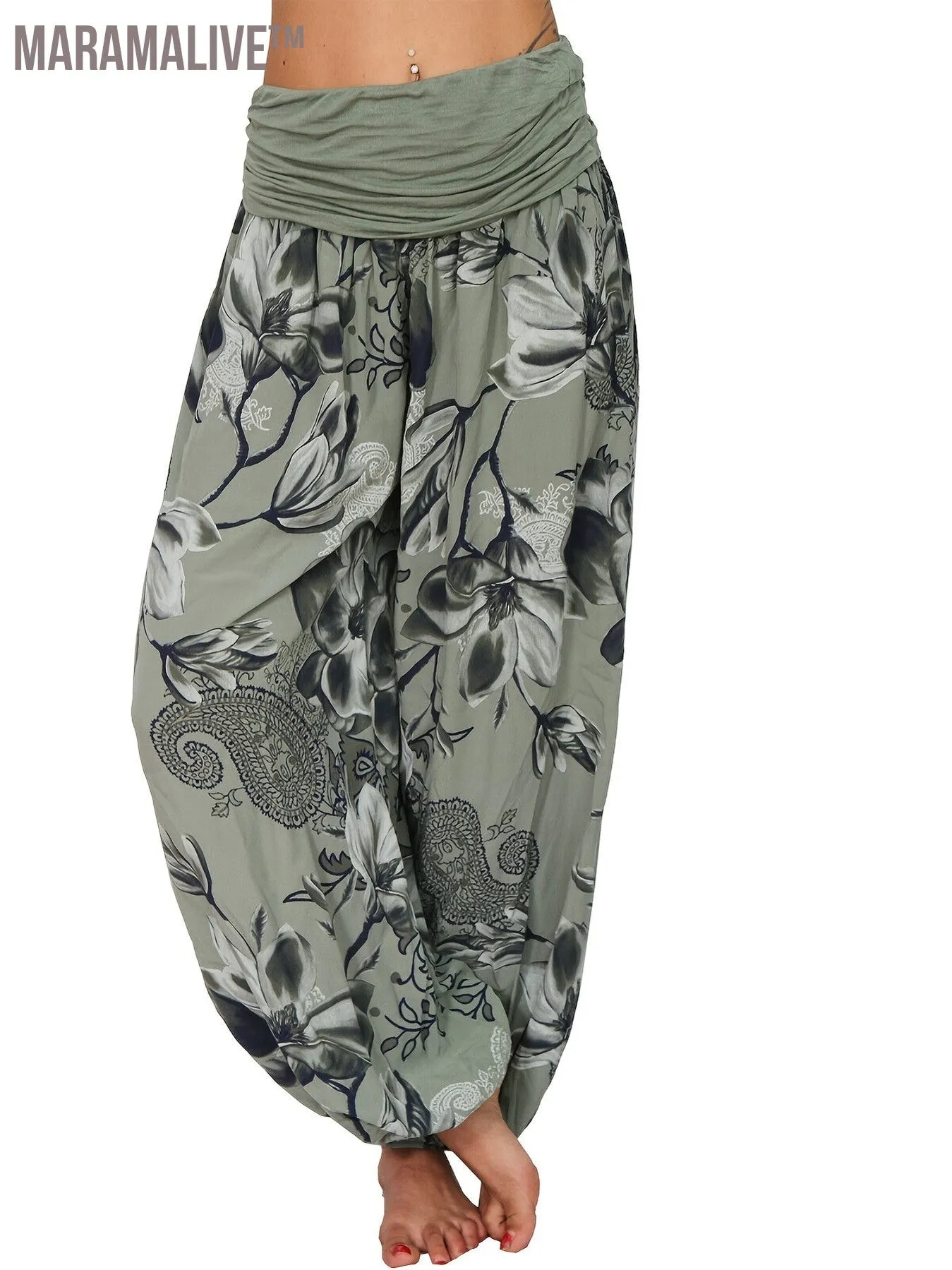 Boho Floral Print Ruched Harem Pants, Casual Bohemian Pants For Spring & Summer, Women's Clothing