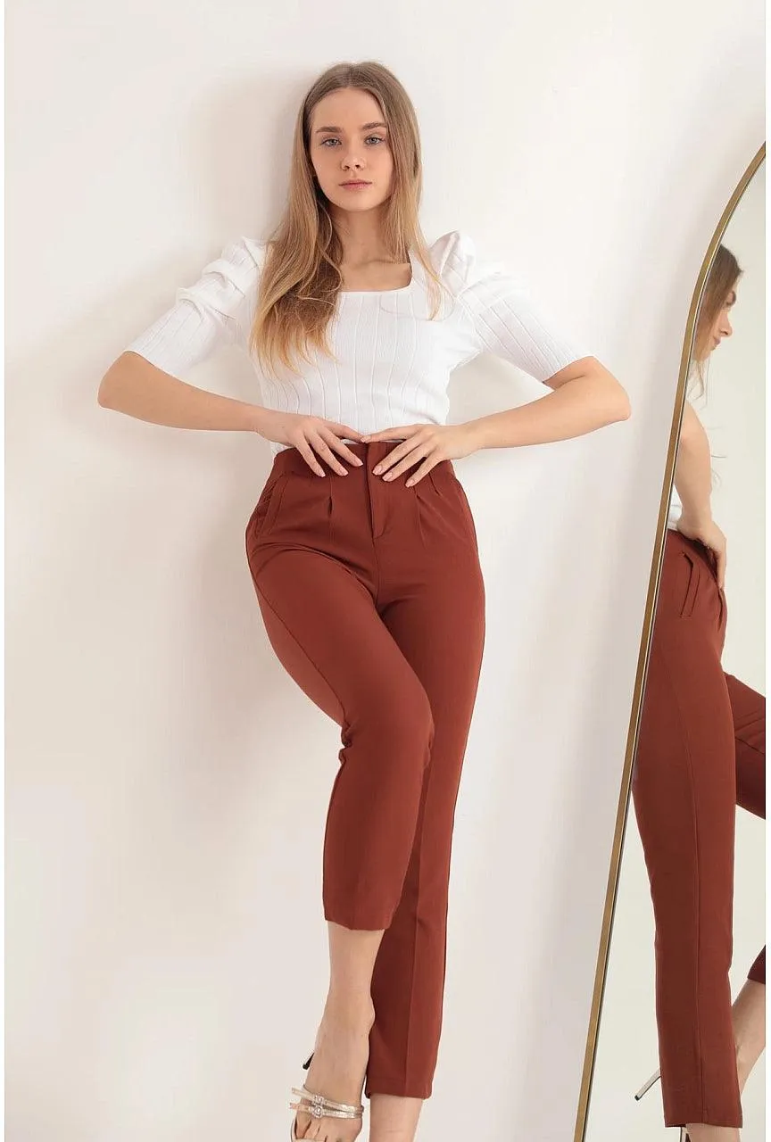 Brown Pleated Pants for Women