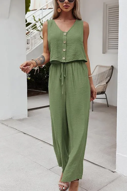 Button Sleeveless Drawstring Loose Pants Set