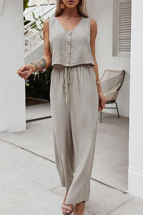 Button Sleeveless Drawstring Loose Pants Set