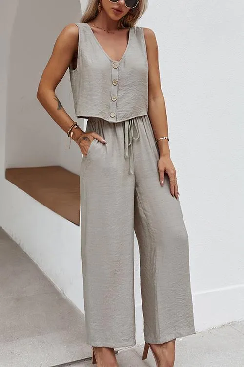 Button Sleeveless Drawstring Loose Pants Set