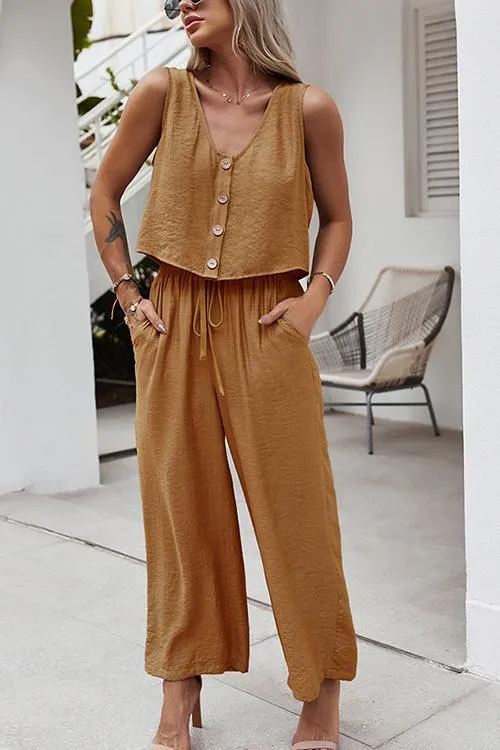 Button Sleeveless Drawstring Loose Pants Set