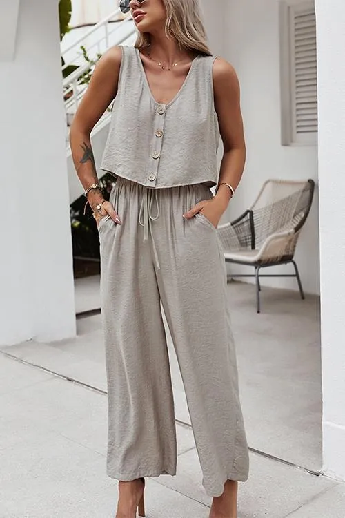 Button Sleeveless Drawstring Loose Pants Set