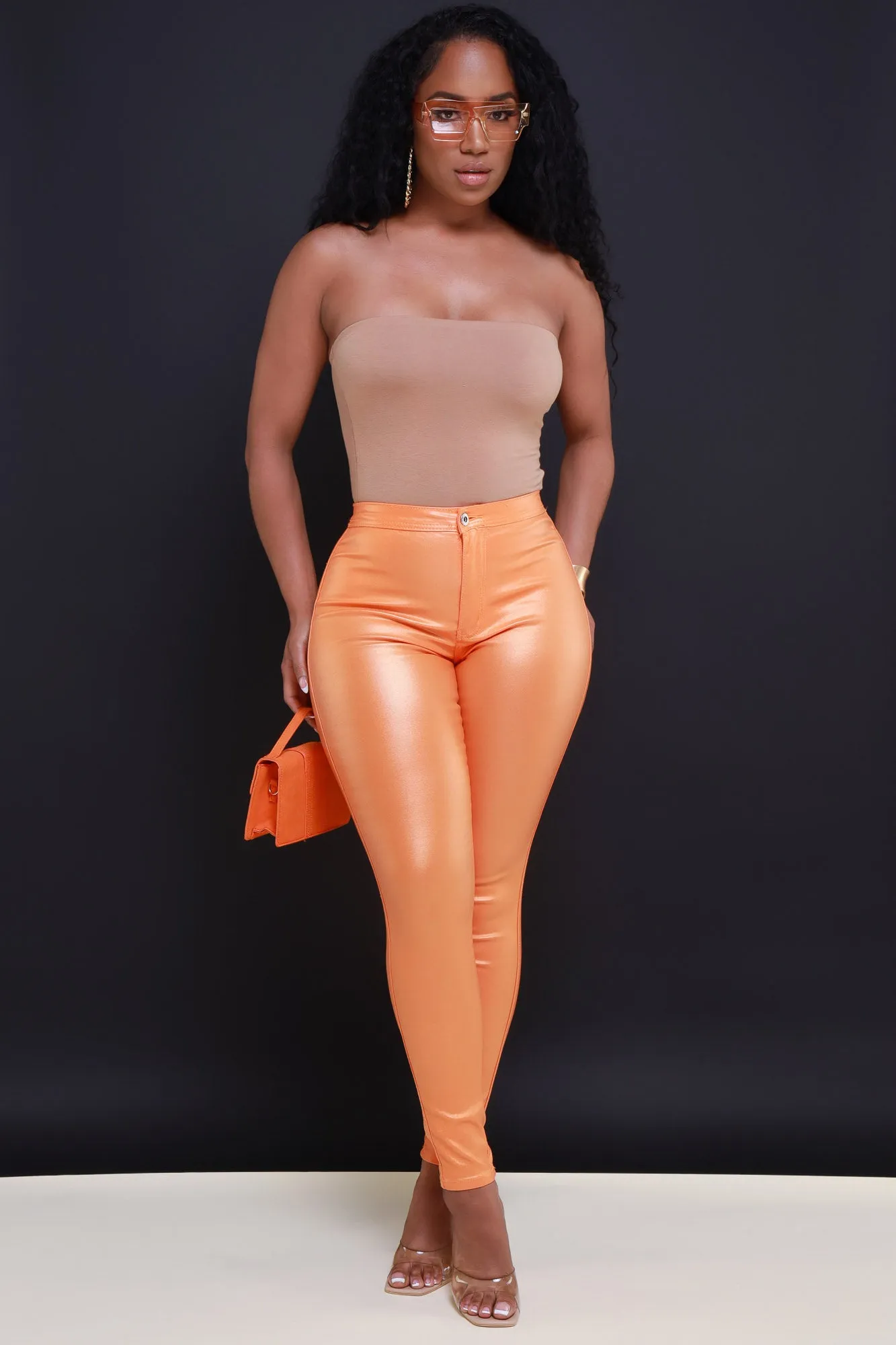 Coming In Hot High Rise Metallic Skinny Pants - Orange