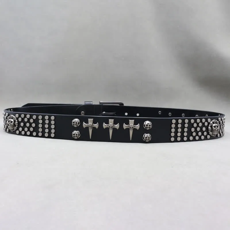 Cross & Skull 3 Row Punk Rock Studded Leather Belt