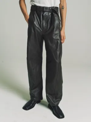 Dark Brown Leather Belted Pants