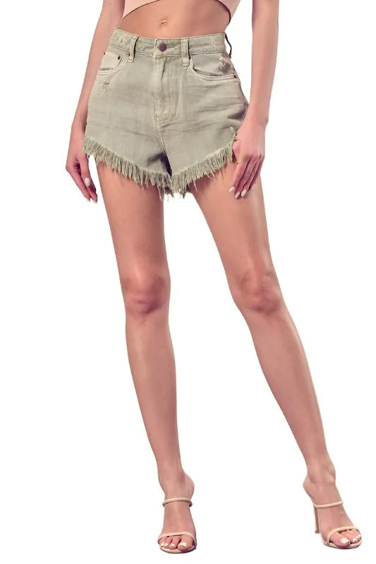 DISTRESSED FRAYED HEM DENIM SHORTS