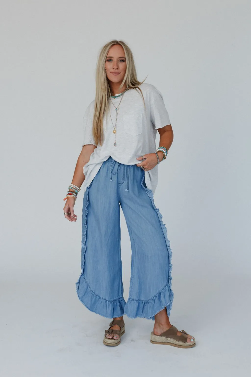 Drift Wave Ruffle Wide Leg Pants - Light Denim