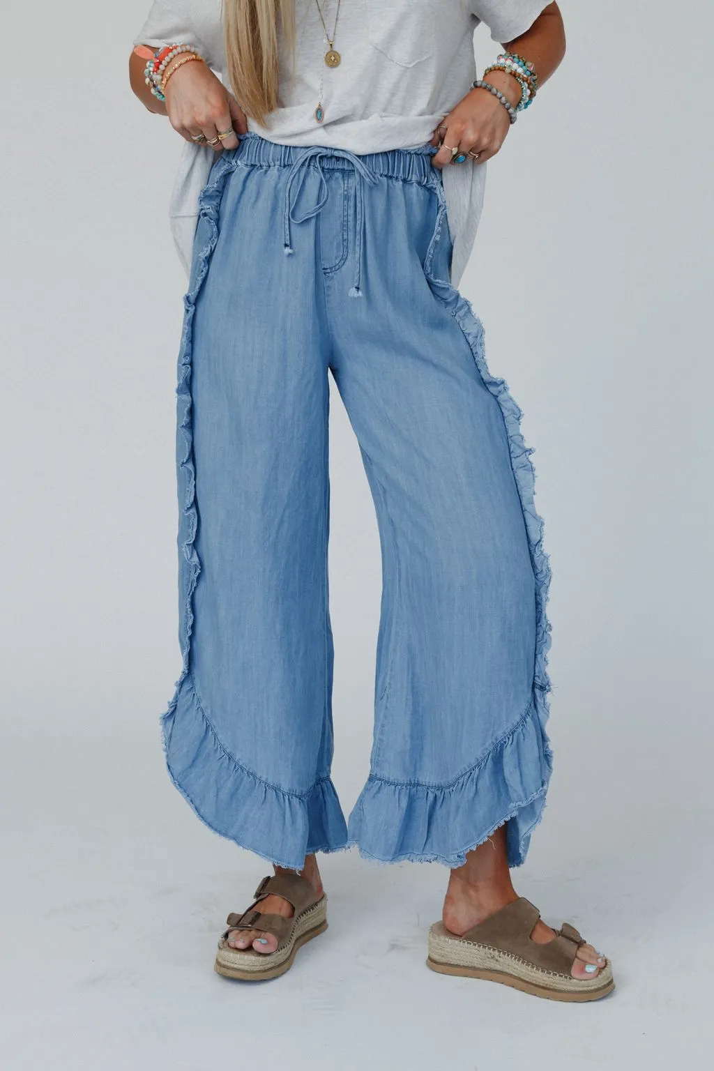 Drift Wave Ruffle Wide Leg Pants - Light Denim