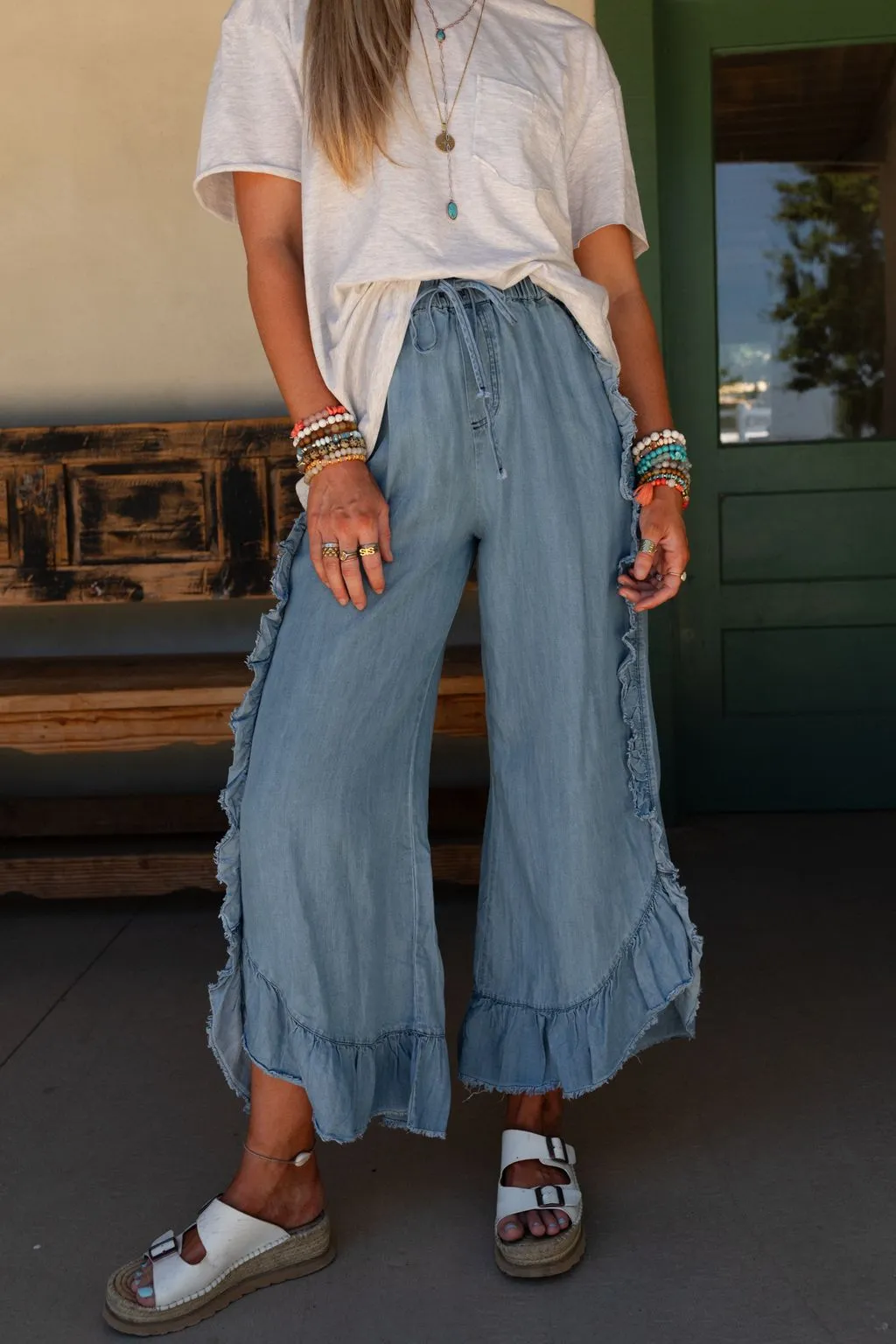 Drift Wave Ruffle Wide Leg Pants - Light Denim