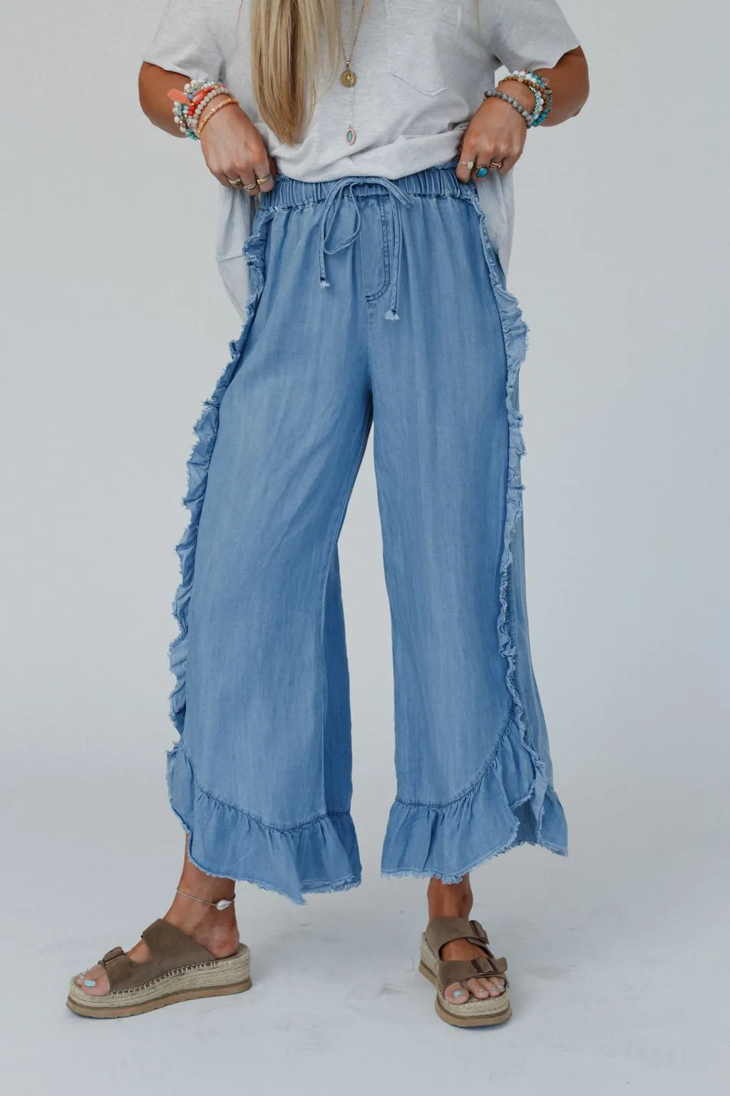 Drift Wave Ruffle Wide Leg Pants - Light Denim