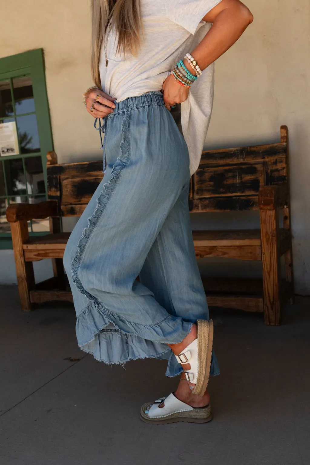 Drift Wave Ruffle Wide Leg Pants - Light Denim