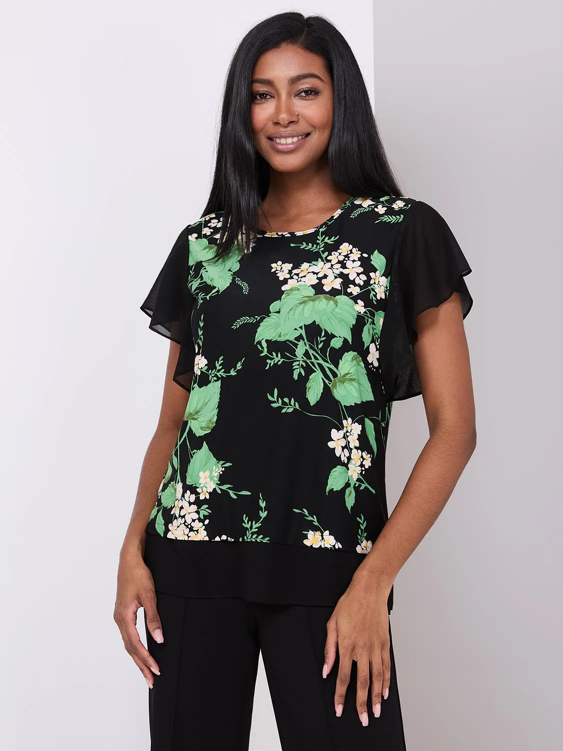 Floral Print 2-Fer Chiffon Crew Neck Top