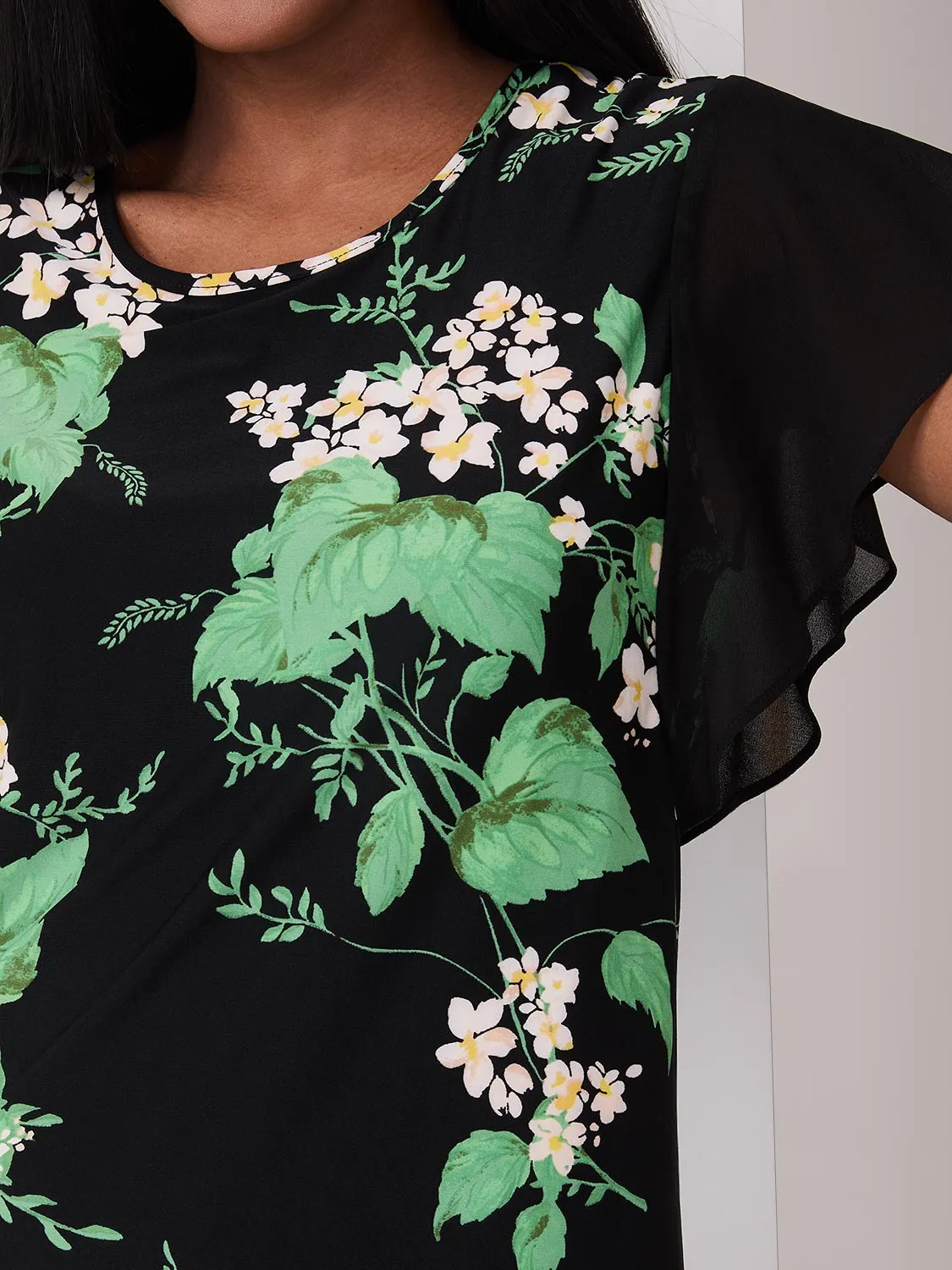 Floral Print 2-Fer Chiffon Crew Neck Top