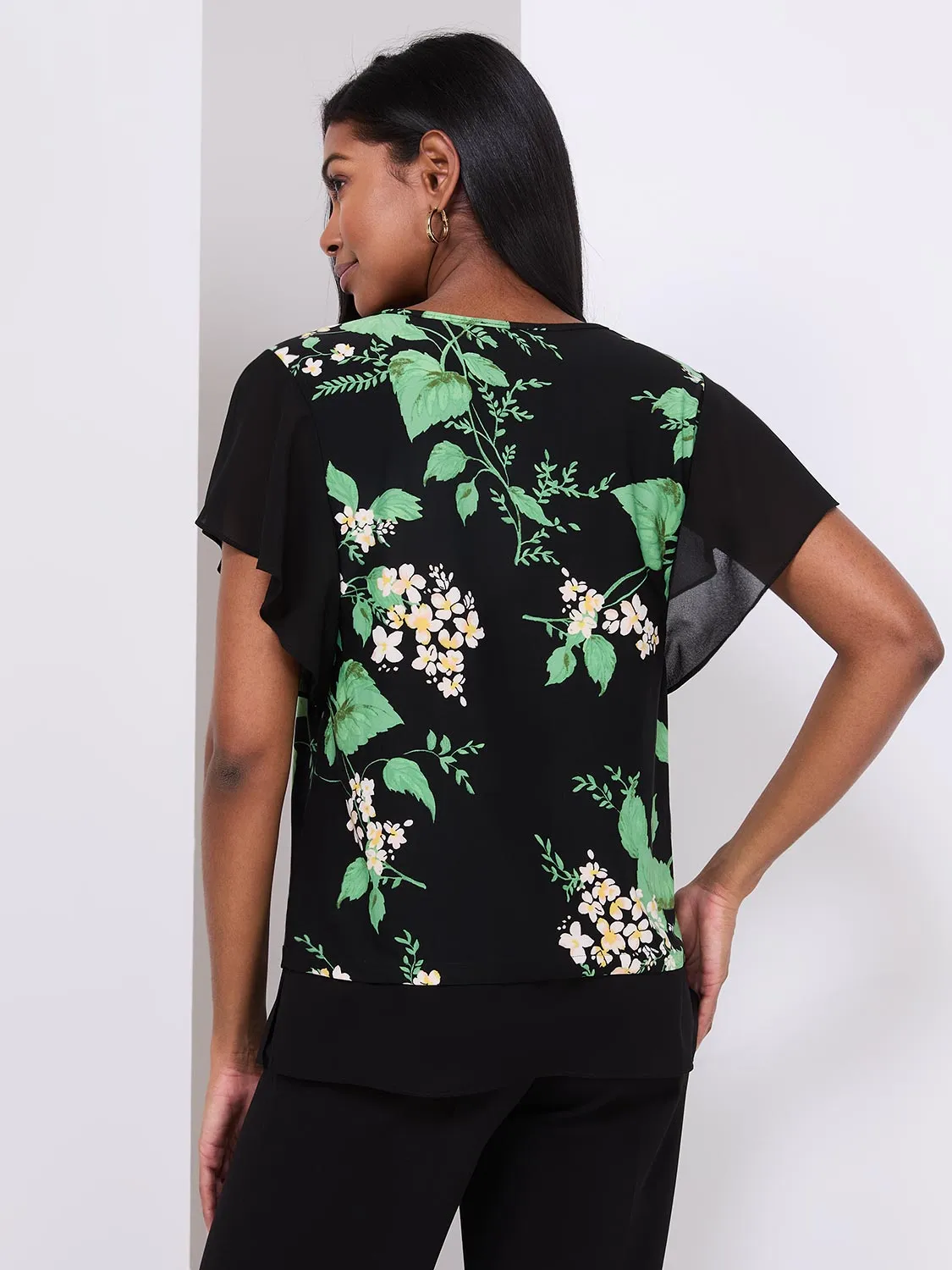 Floral Print 2-Fer Chiffon Crew Neck Top