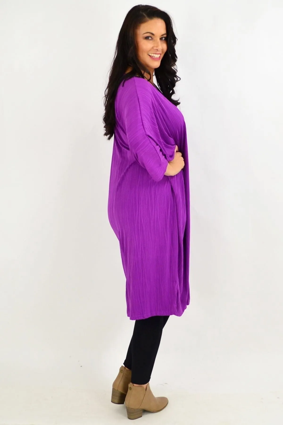 Free Size Purple Ribbed Oversized Tunic Dress