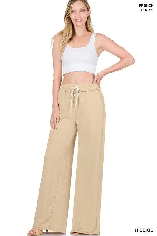 French Terry Drawstring Waist Raw Edge Hem Pants