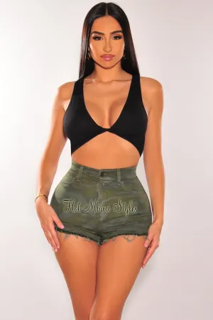 Green Camo Print High Waist Frayed Hem Shorts