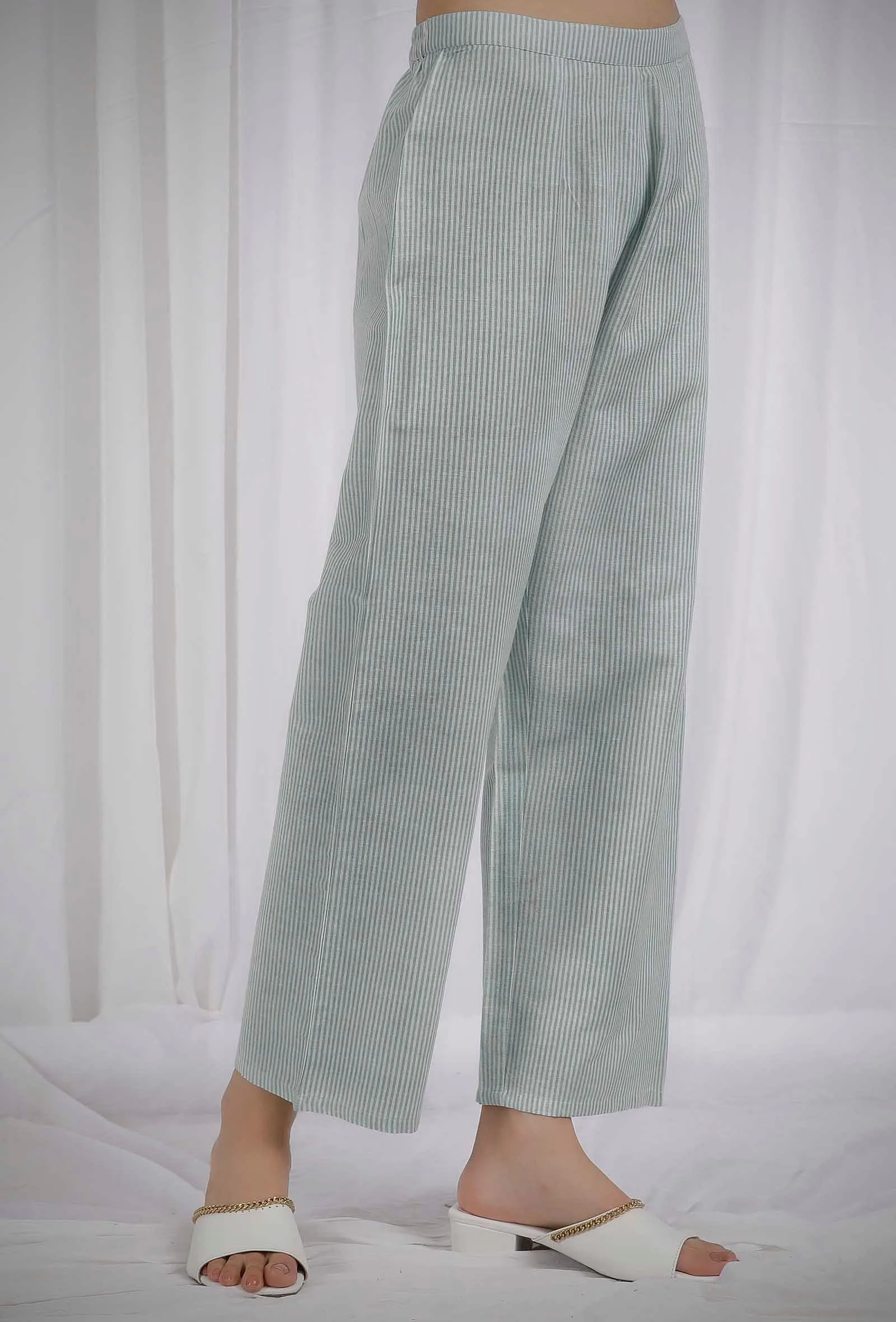 Green Striped Straight Cotton Pants