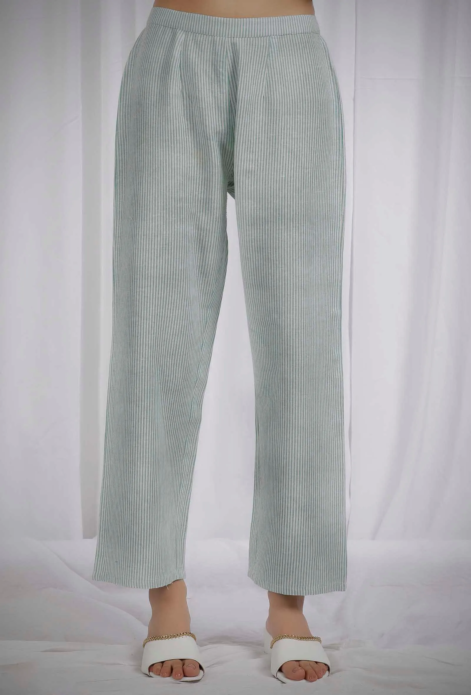 Green Striped Straight Cotton Pants