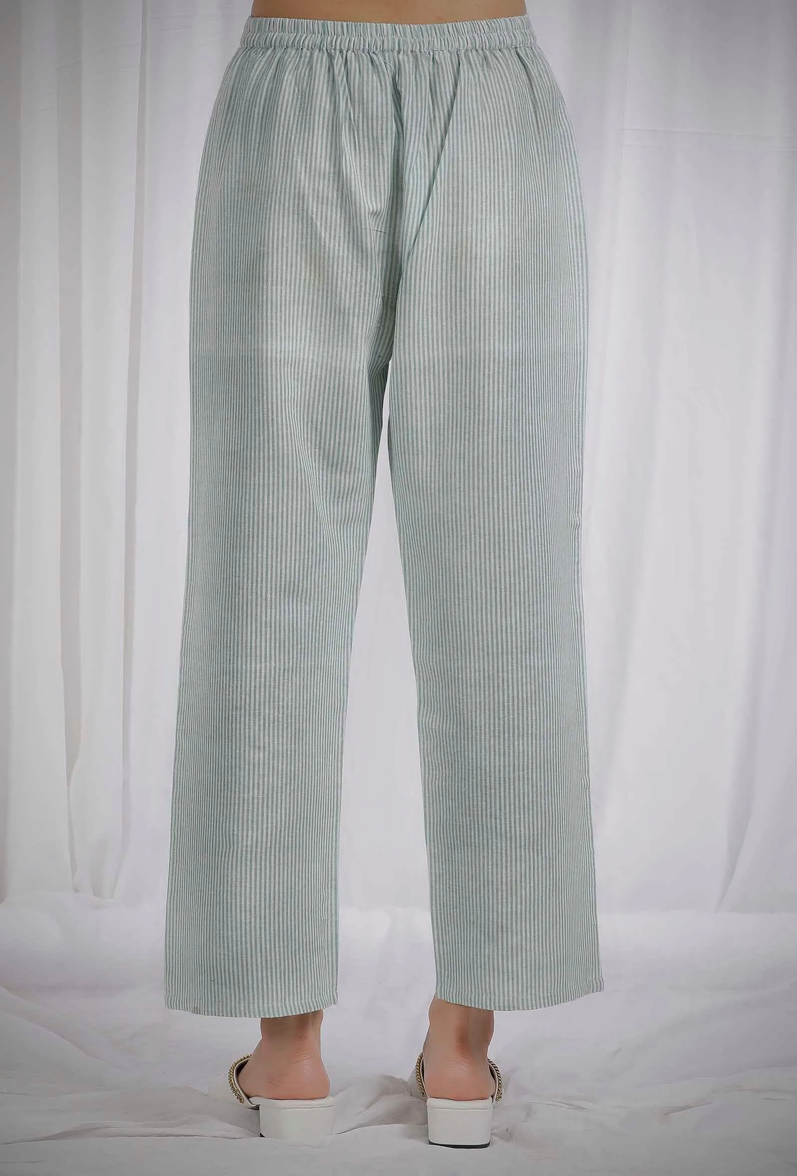 Green Striped Straight Cotton Pants