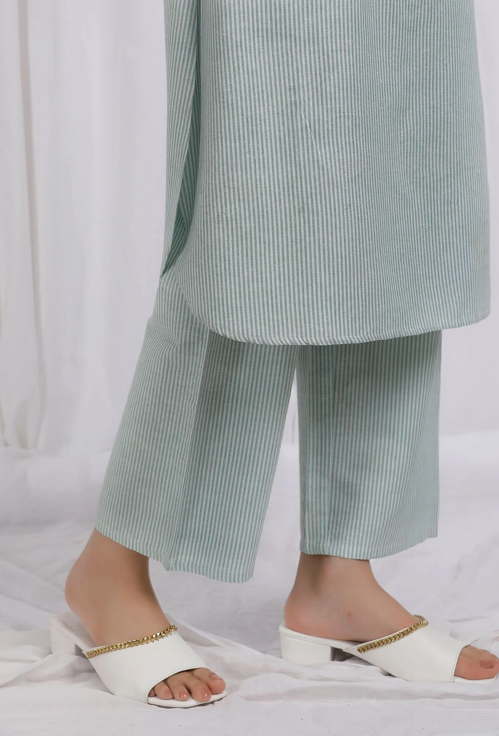 Green Striped Straight Cotton Pants