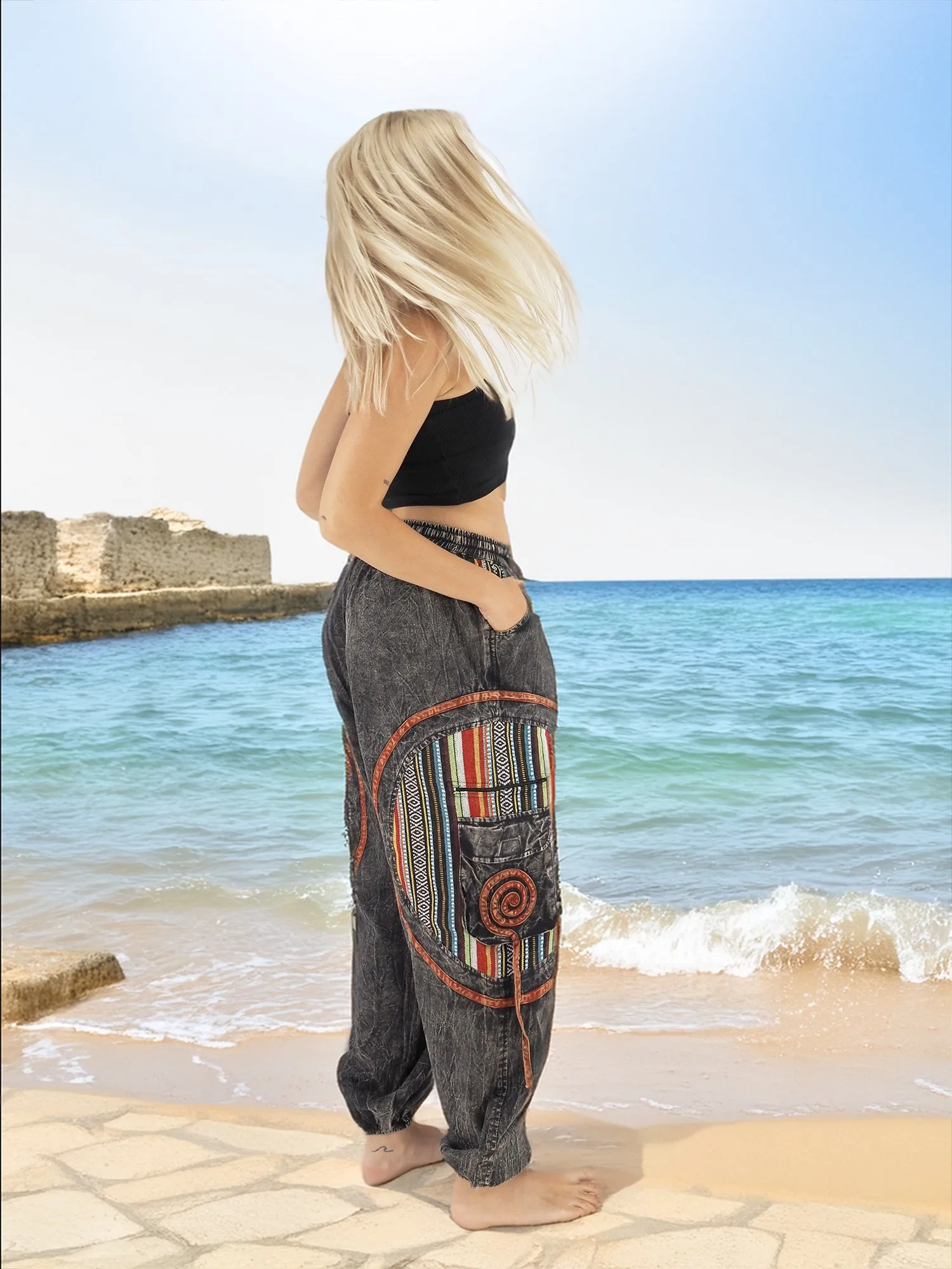 Handmade Unisex Boho Cotton Hippie Yoga Pants Size L/XL-XXL Gray Red