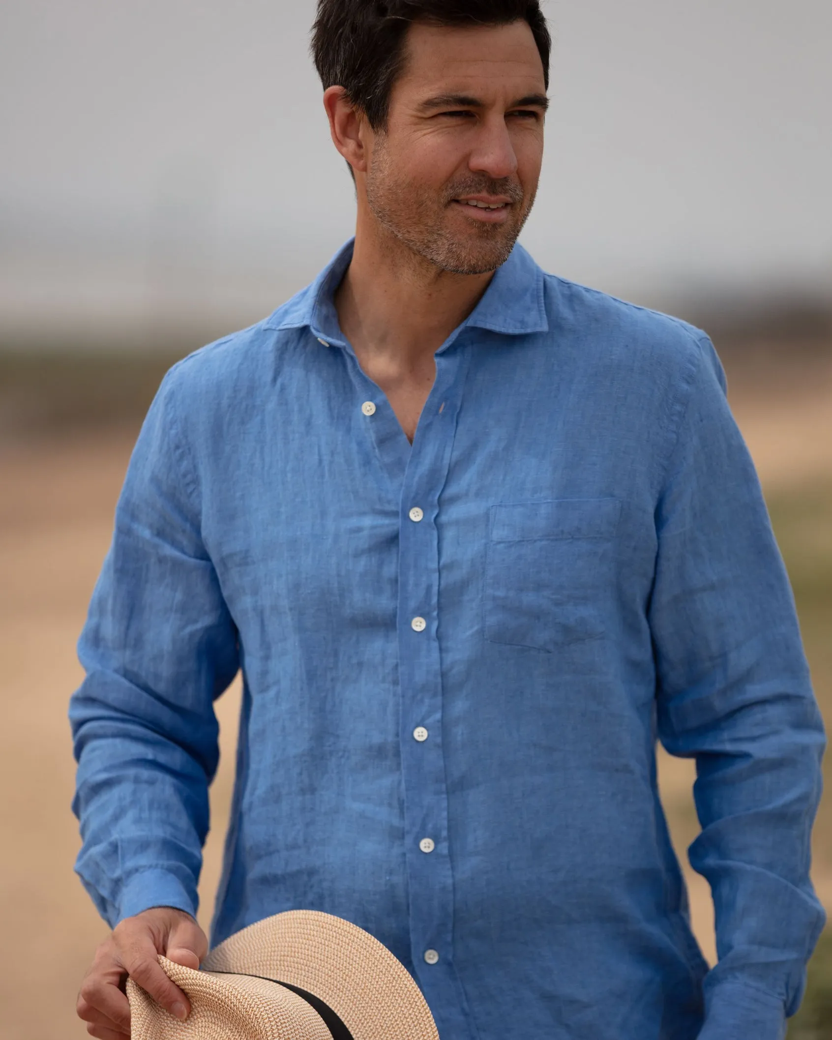 Hartford Azur Blue Linen Shirt