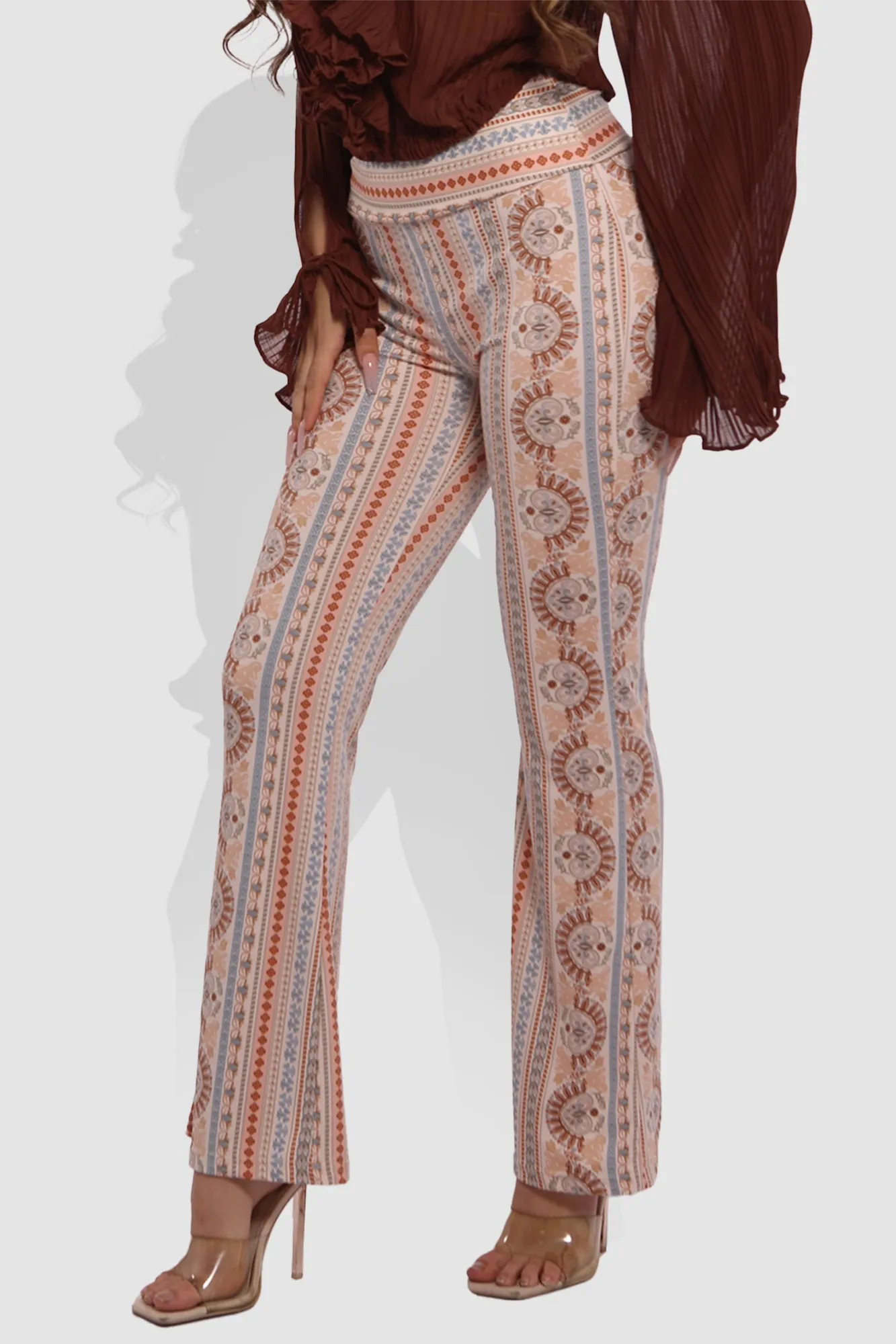 High Waist Soft Brushed Printed Flare Pants - Cream, Blue Boho