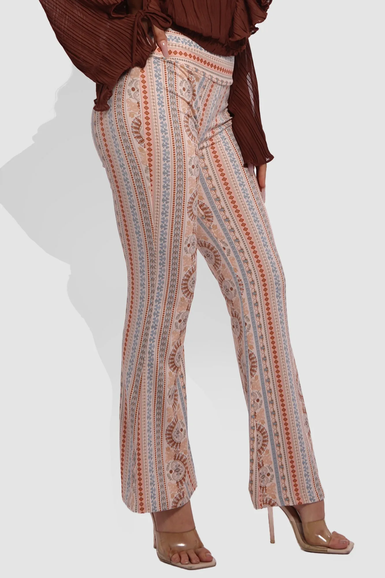 High Waist Soft Brushed Printed Flare Pants - Cream, Blue Boho