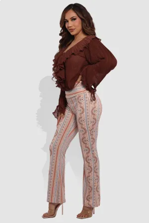 High Waist Soft Brushed Printed Flare Pants - Cream, Blue Boho