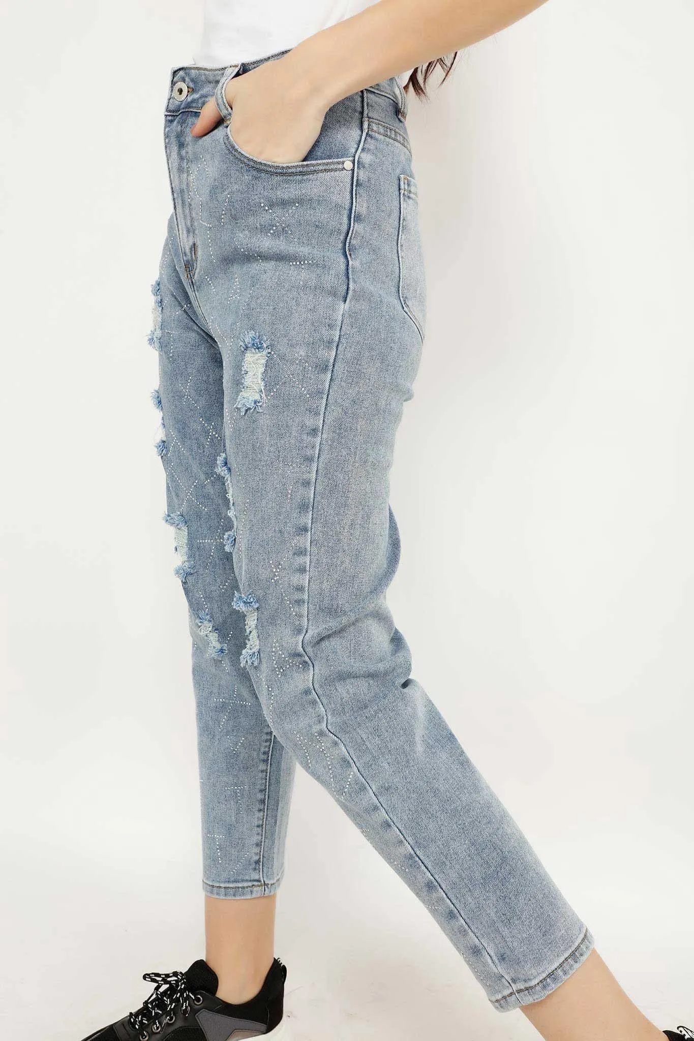 LADIES RIPPED JEANS WITH LITTLE STARS JG1006